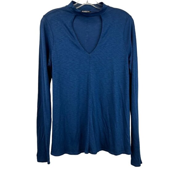 Express Womens Long Sleeve Choker Cut Out Semi Sheer Top Blue S - Picture 1 of 8